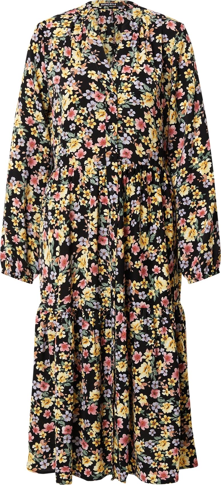 Rut & Circle Košilové šaty 'ZANDRA' černá / žlutá / světle růžová / světle fialová / světle hnědá
